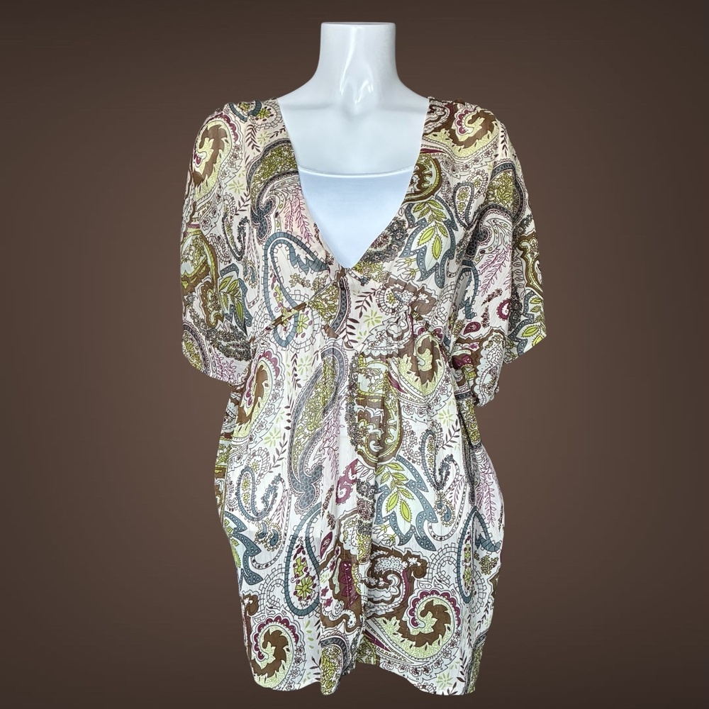Women's Paper Tee Blouse V-Neck Sheer Paisley Green Brown Blue, Size Medium